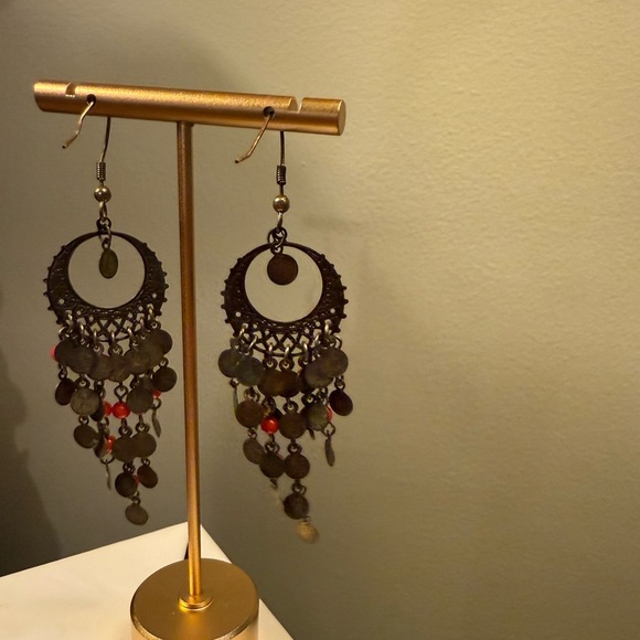 Vintage Y2K Banana Republic Bronze/Red Chandelier Earrings 3.5” drop - Picture 3 of 6